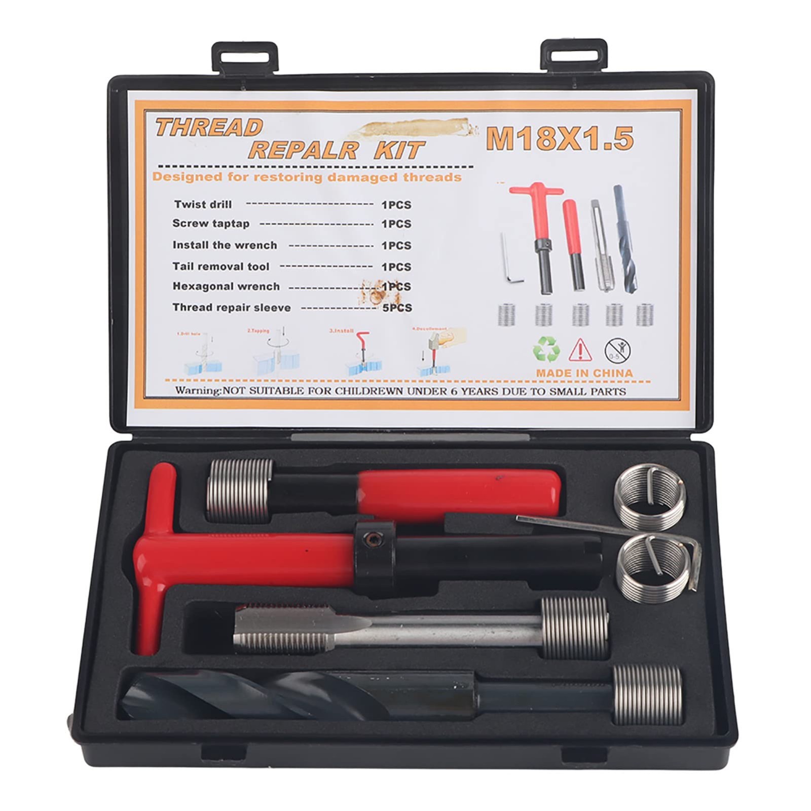10Pcs M18x1.5 Thread Repair Kit – Stainless Steel Inserts & Tool Set for Damaged
