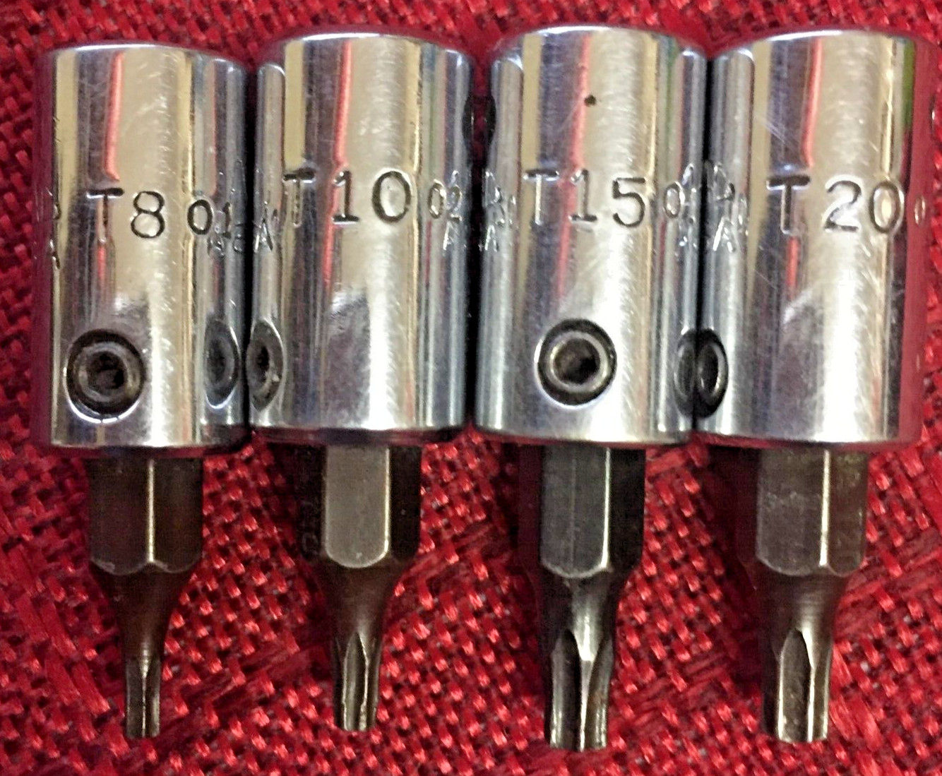Mac Tool 4pc T8, T10, T15, T20 Chrome Torx Bit Socket 1/4″dr 1.5″L USA Gd 8.5/10