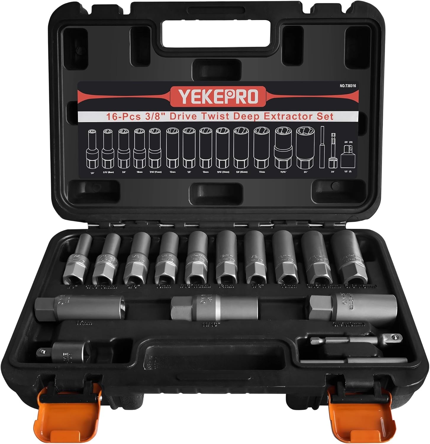 16pcs 3/8″ Deep Well Bolt Extractor Set Spark Plug Removal Extraction Socket