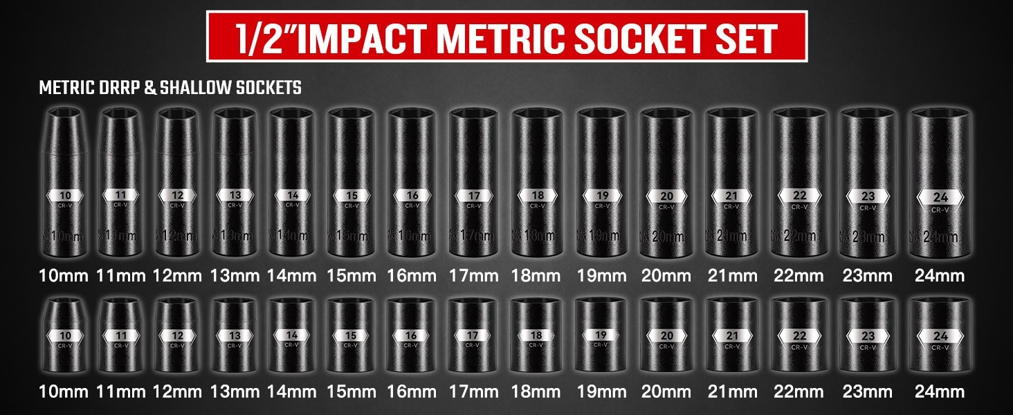 66 PCS 1/2 Inch Drive Impact Socket Set, SAE (3/8″-1-1/4″) & Metric (10-24mm)