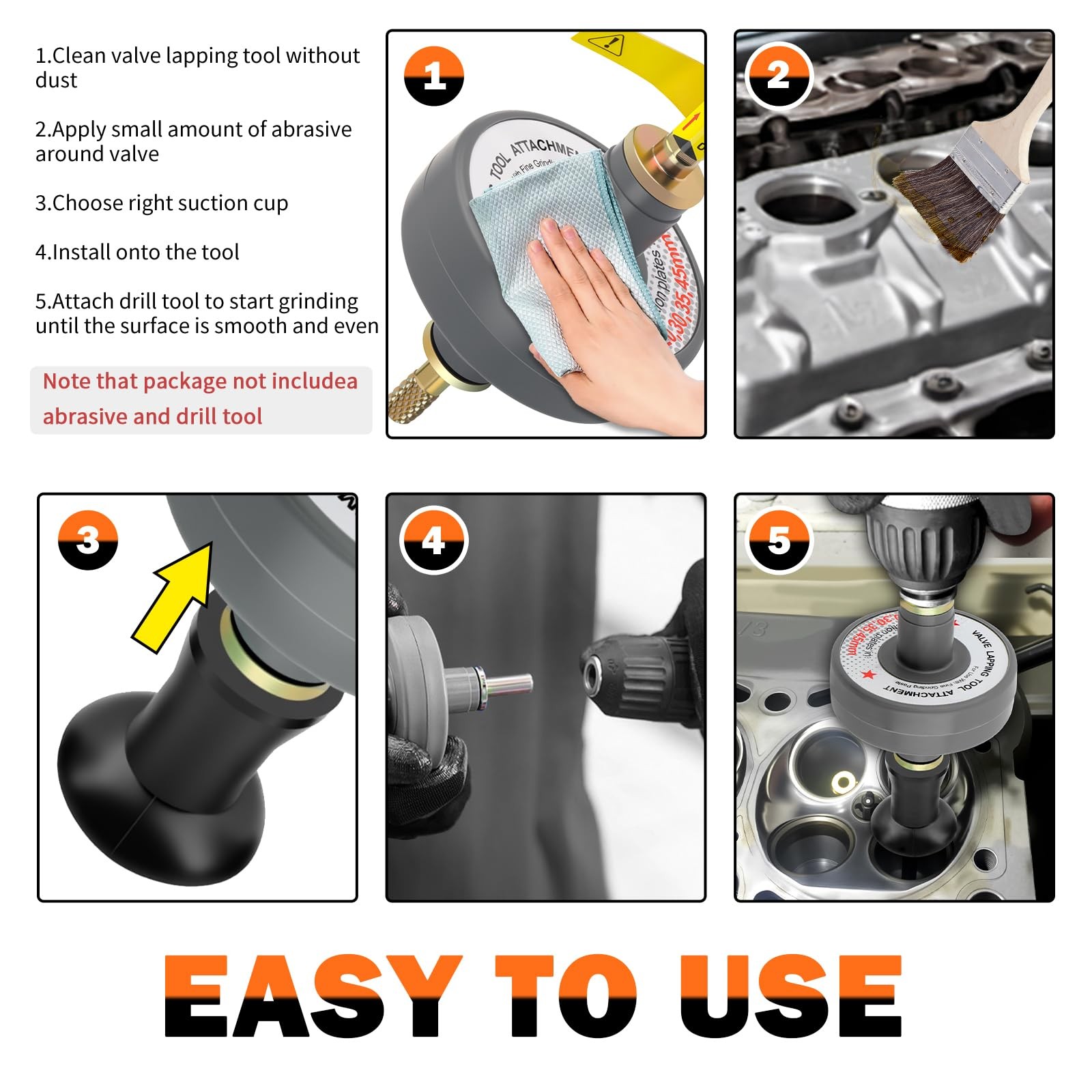 Valve Lapping Tool Kit 10001250 RPM Grinding Tool 5 Suction Cups Auto Repair