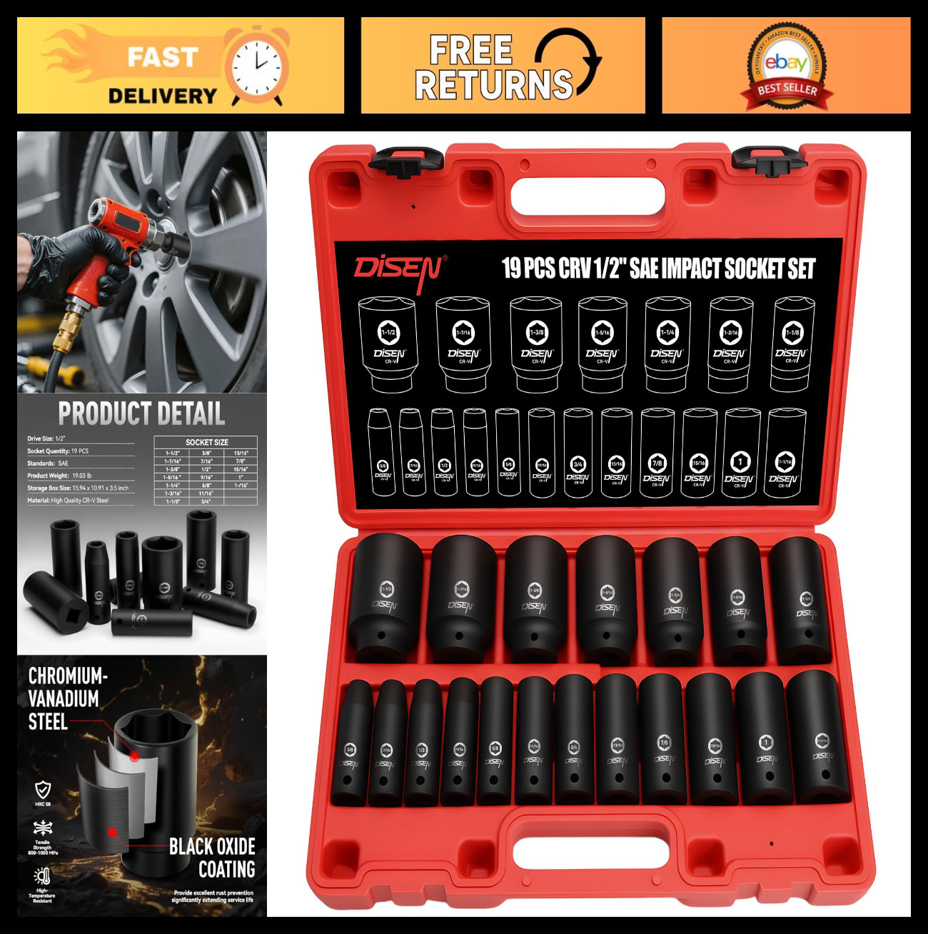 19 Pcs 1/2″ SAE Impact Socket Set – Deep 6-Point Cr-V & Alloy Steel, Durable Cas