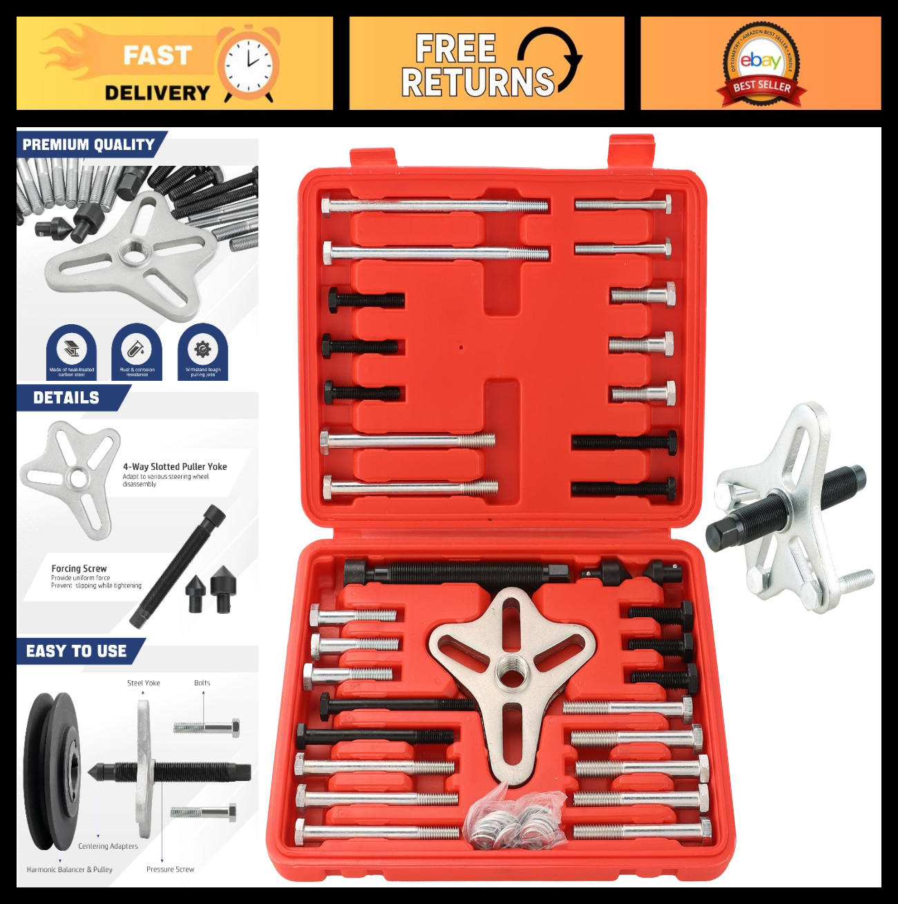 46PCS Harmonic Balancer Puller Set, Steering Wheel & Crankshaft Pulley Kit for C