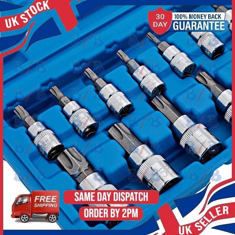 USPRO 13PC TAMPERPROOF STAR BIT SOCKET SET WITH HOLE T8-T70 1/4″ 3/8″ 1/2″ DRIVE