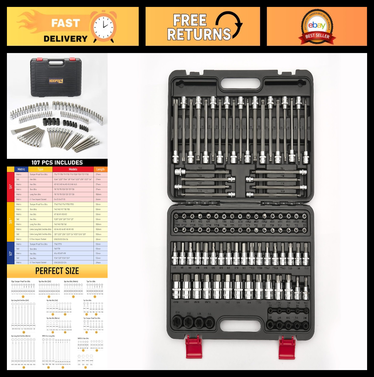107-Piece Torx & Allen Bit Socket Set, S2 Steel, 1/4″ 3/8″ 1/2″ Drive, Long & Ba