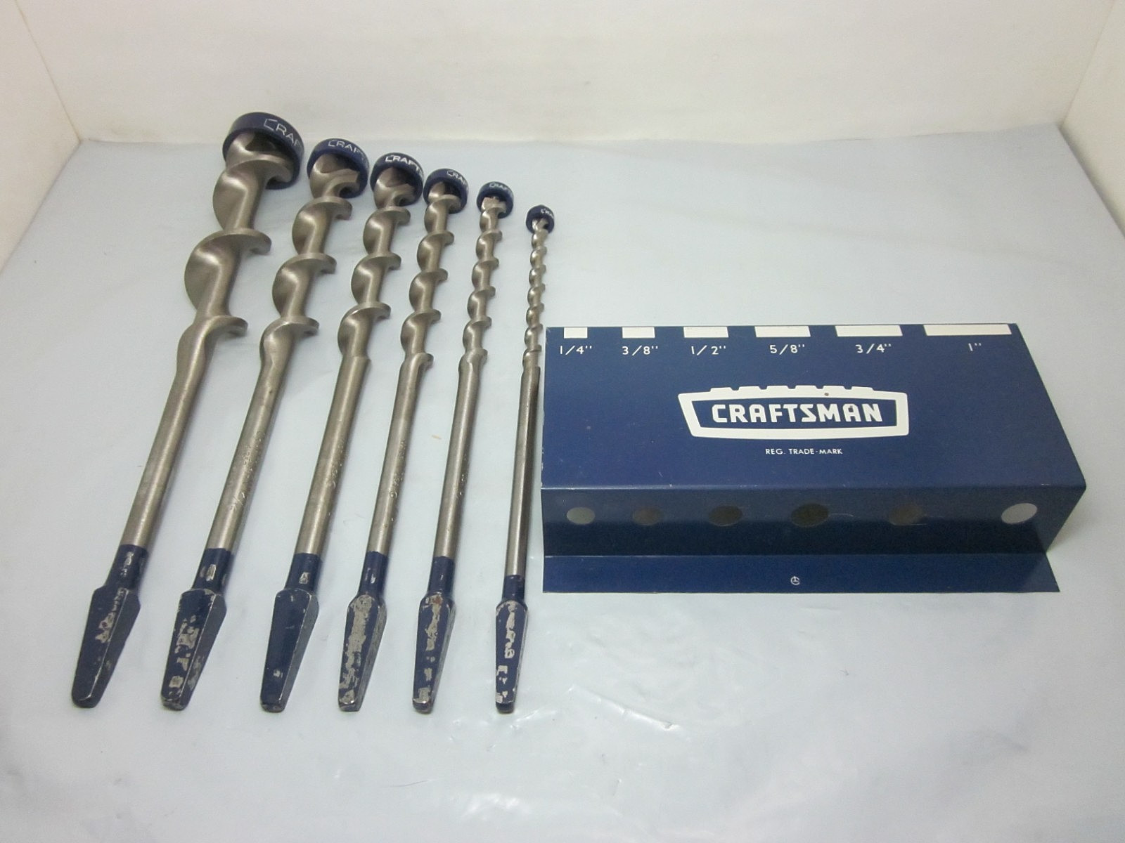 Vtg Craftsman Set Of 6 Auger Drill Bits W/Metal Wall Mount 1/4″ to 1″ USA