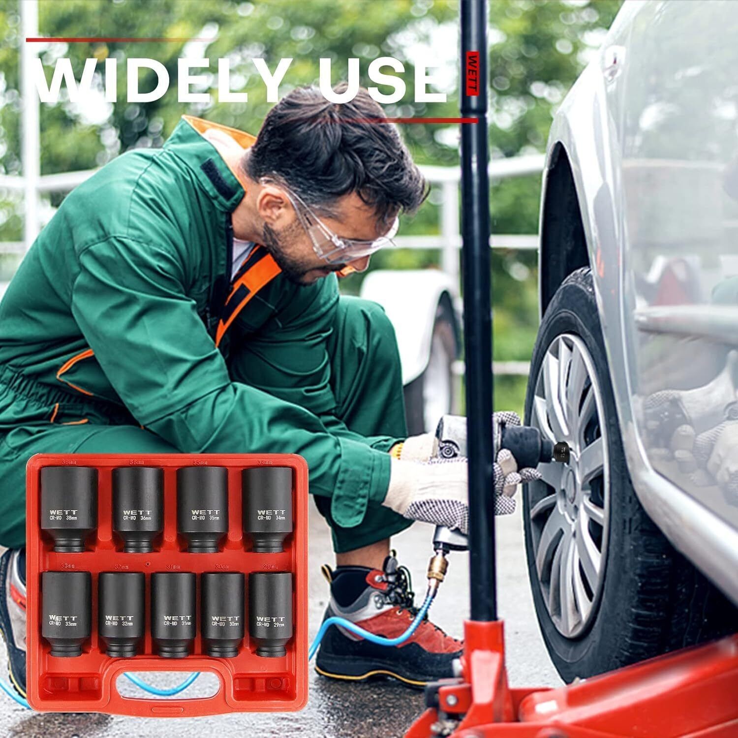 9-Pcs 1/2″Drive Deep 6-Point Impact Socket Set/Spindle Axle Nut Metric 29mm-38mm