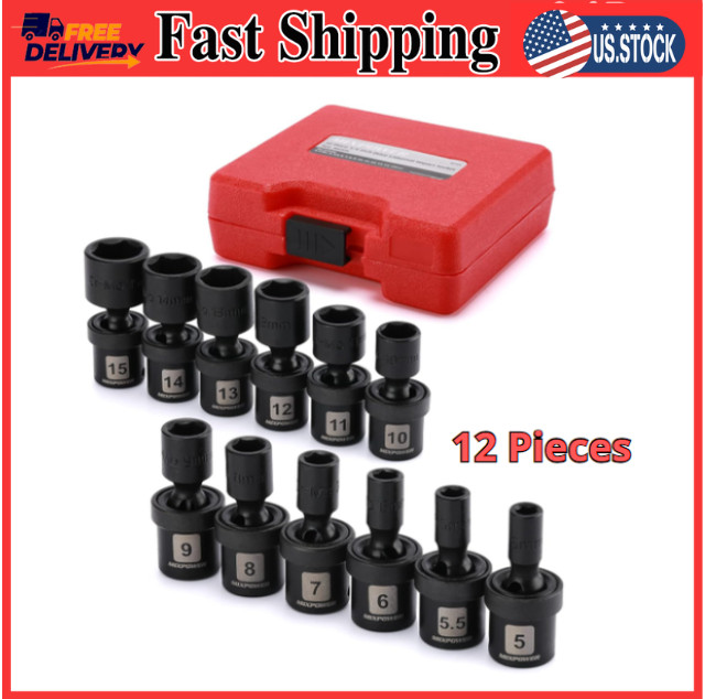 12 Pieces 1/4″ Drive Universal Impact Socket Set, CR-MO, Metric, Swivel Socket