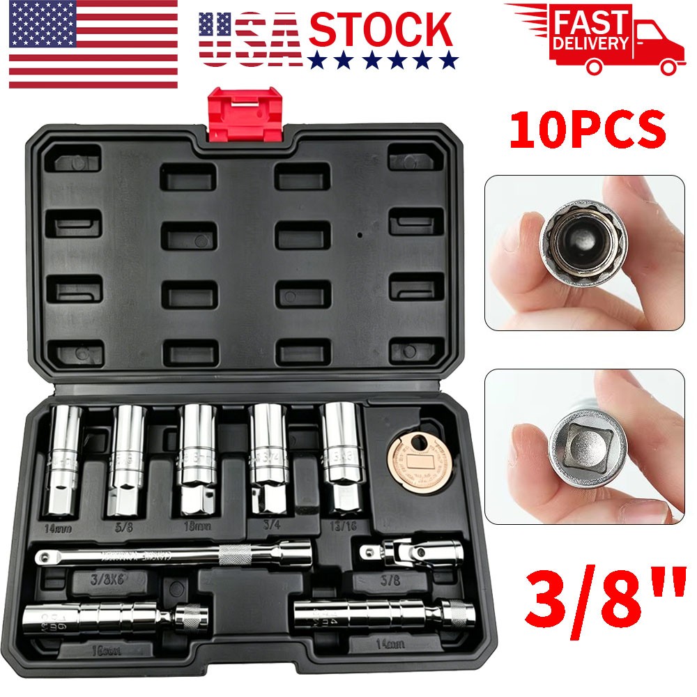 10PCS 3/8″Drive Magnetic Spark Plug Socket Set 6PT&12PT Extension Bar CR-V Steel