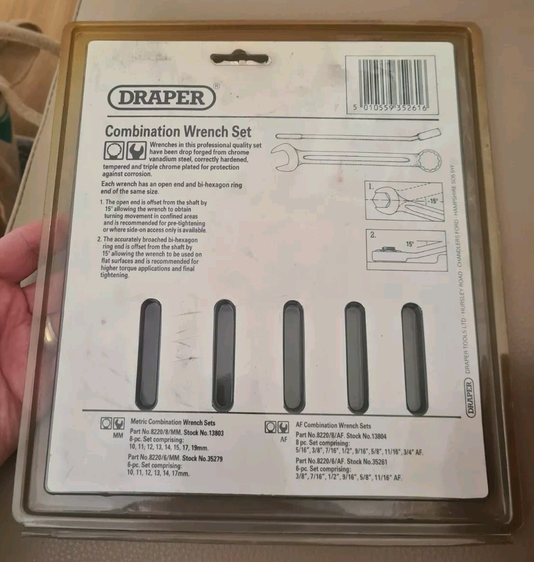 Draper 8220. 6pc Combination Wrench Set – 3/8″ – 11/16″ AF
