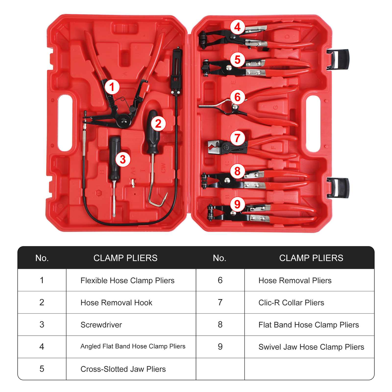 9pc Hose Clamp Pliers Kit Ratchet Pipe Removal Tools Swivel Jaw Flat Angled Band