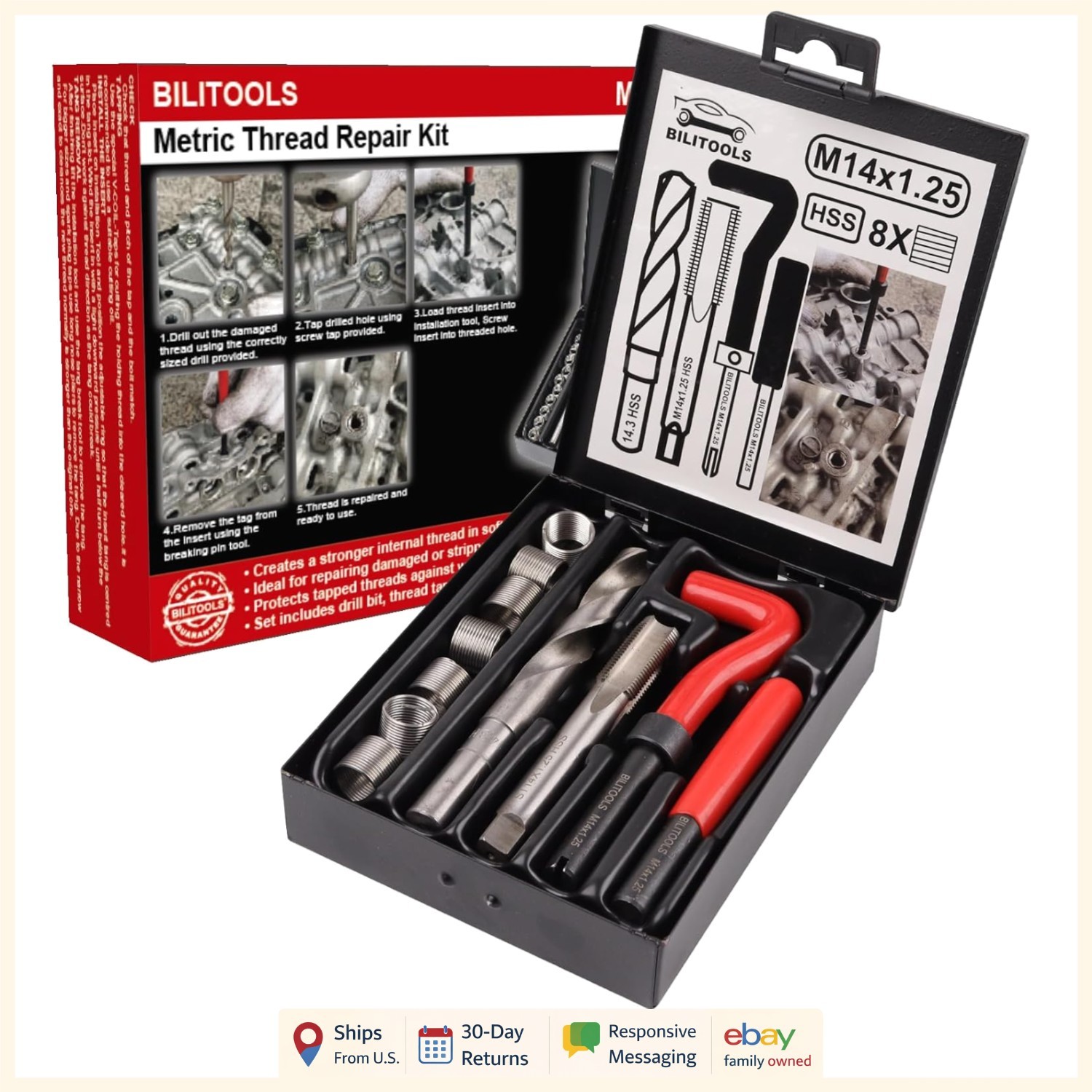Versatile M14x1.25 Thread Repair Kit with Drill and Tap for Various Materials