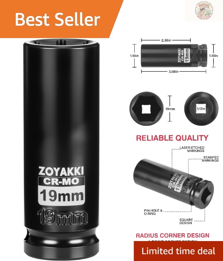 Professional-Grade 19mm Deep Socket with 1/2″ Drive – Corrosion-Resistant Finish