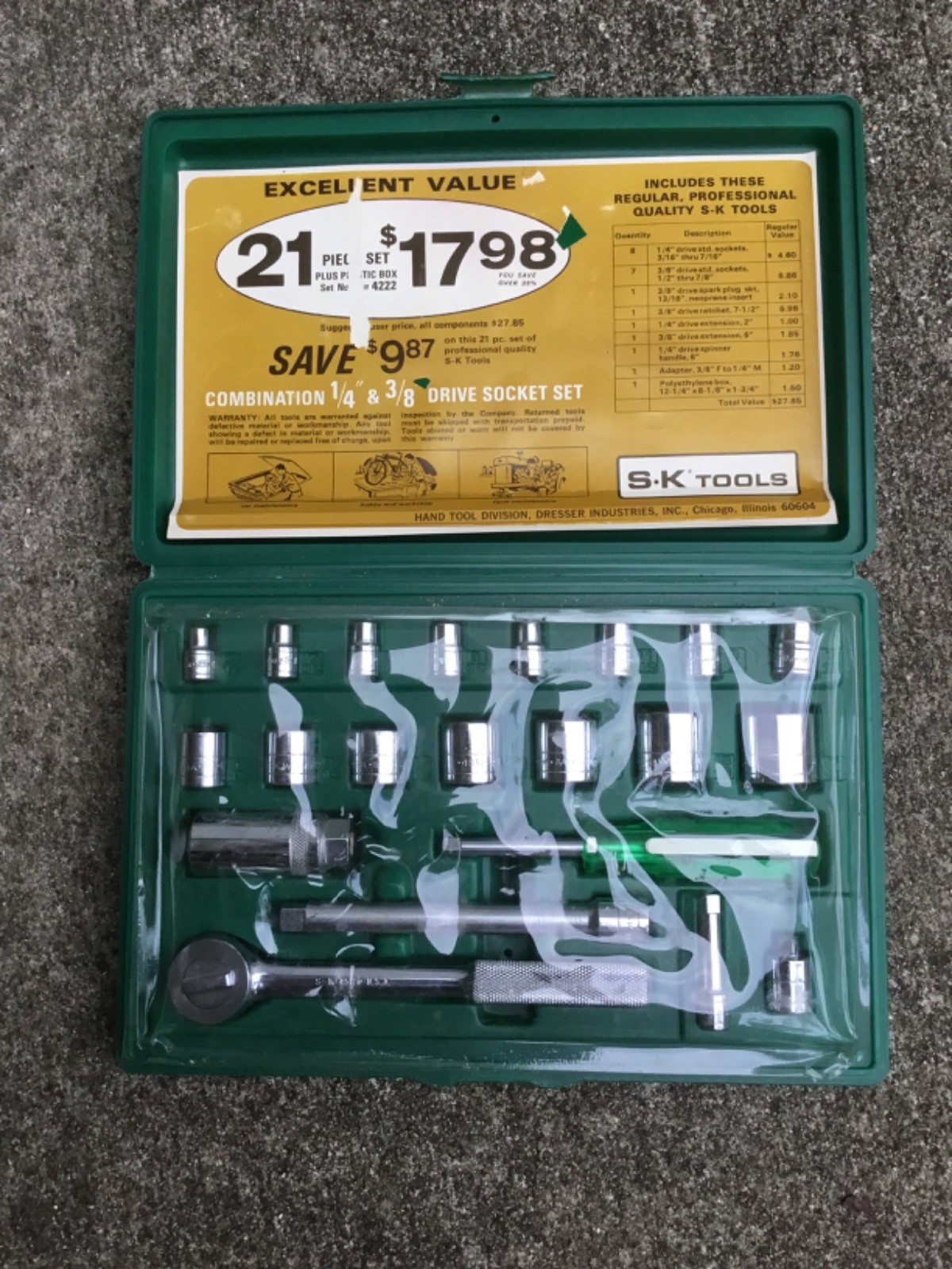 S-K Tools 1/4” & 3/8” 21 Piece Complete SAE Socket Set W/Case #4222 Excellent