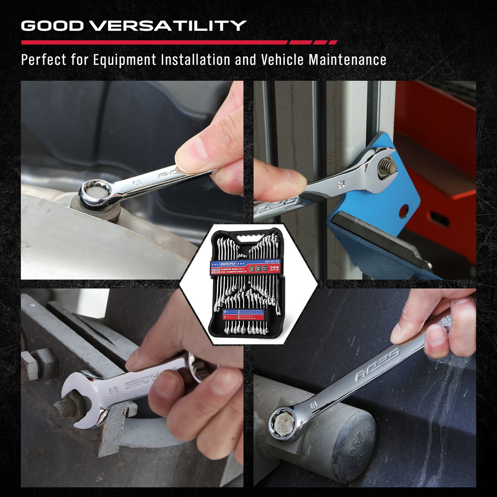 32 Piece Combination Wrench Set Standard & Stubby 72 Teeth CR-V Metric & SAE