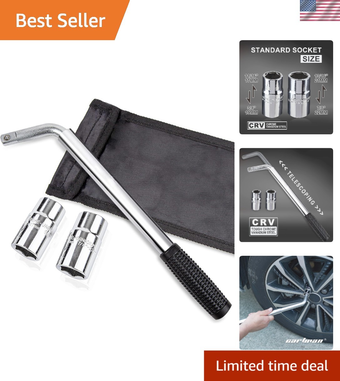 Telescoping Lug Wrench with 17/19 & 21/22mm CR-V Sockets – 21 Inch Extendable