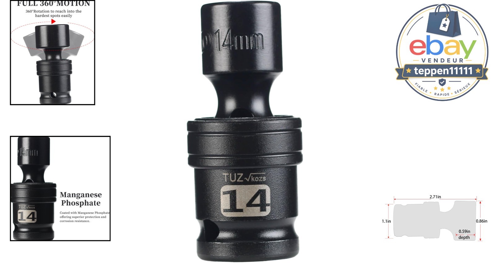 1/2″ Drive Swivel Socket 14mm Universal Joint Chrome Molybdenum Steel