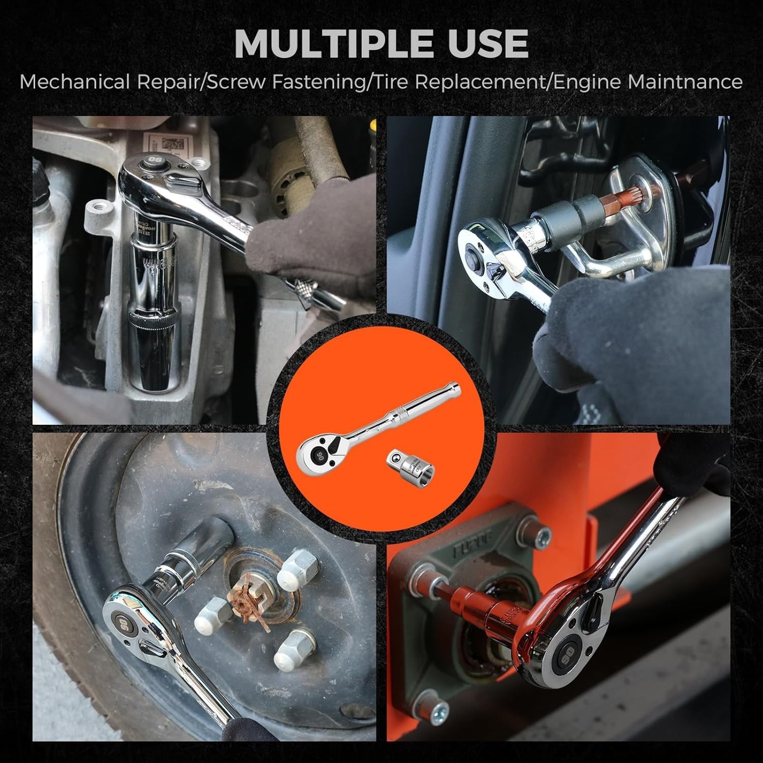 1/4″ Drive 90-Tooth Quick-Release Ratchet Handle with 1/4″ to 3/8″ Adapter, R…