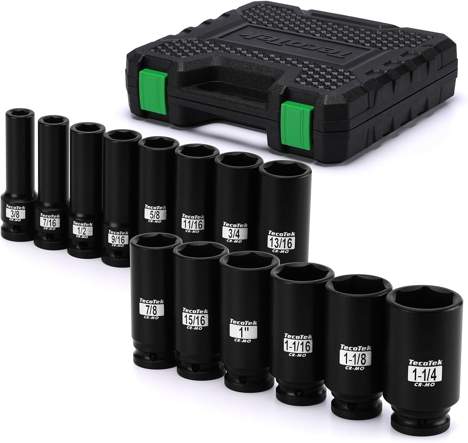 14PCS 1/2″ Deep Drive Impact Socket Set, 6-Point, SAE 3/8″ to 1-1/4″, CR-MO S…