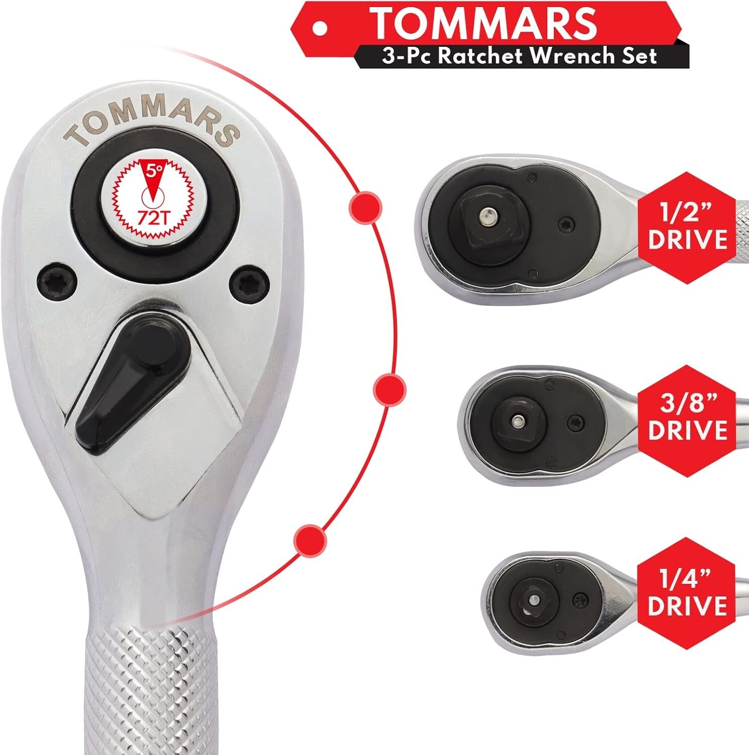 Stubby Ratchet Set, 1/4″, 3/8″, 1/2″ Drive Ratchet Handle Wrench 72-Tooth Quick