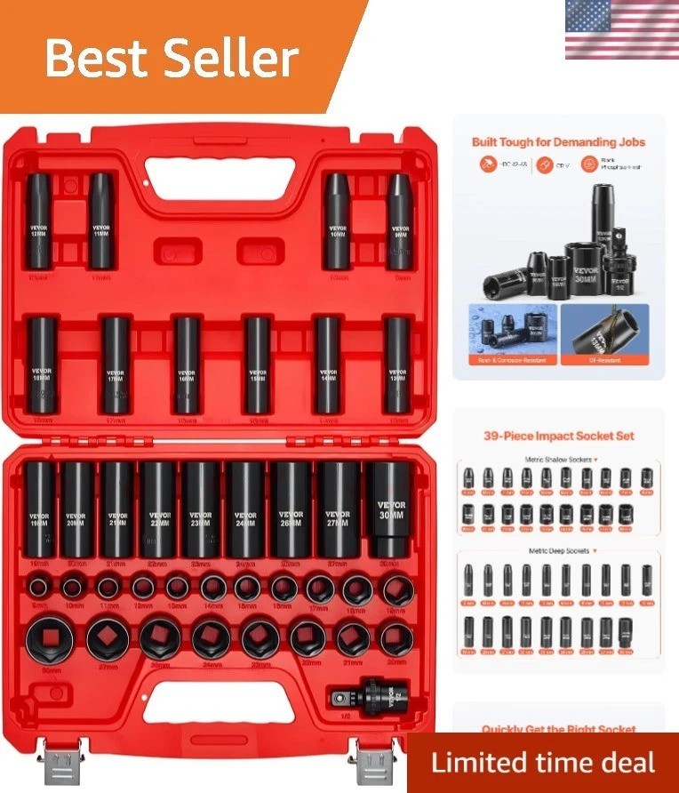 39-Piece Impact Socket Set 1/2″ Drive, Metric 9 to 30 mm Size, Deep & Shallow…