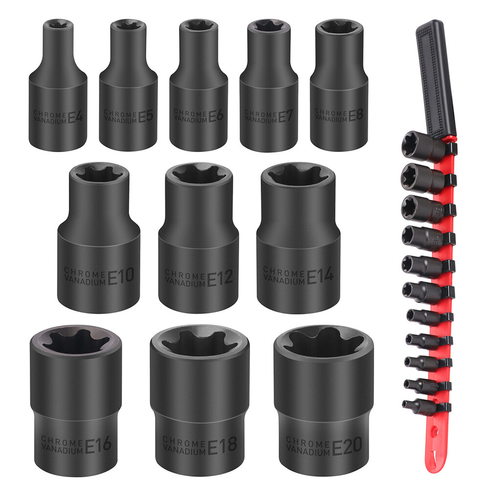 11PC Female E-TORX Star Socket Set External E4-E20 Torque 3/8″ 1/4″ Dr. & Rail