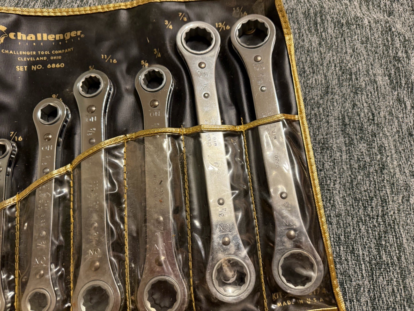 Vintage Challenger 7 Piece SAE Ratcheting Box End Wrench Set With Pouch
