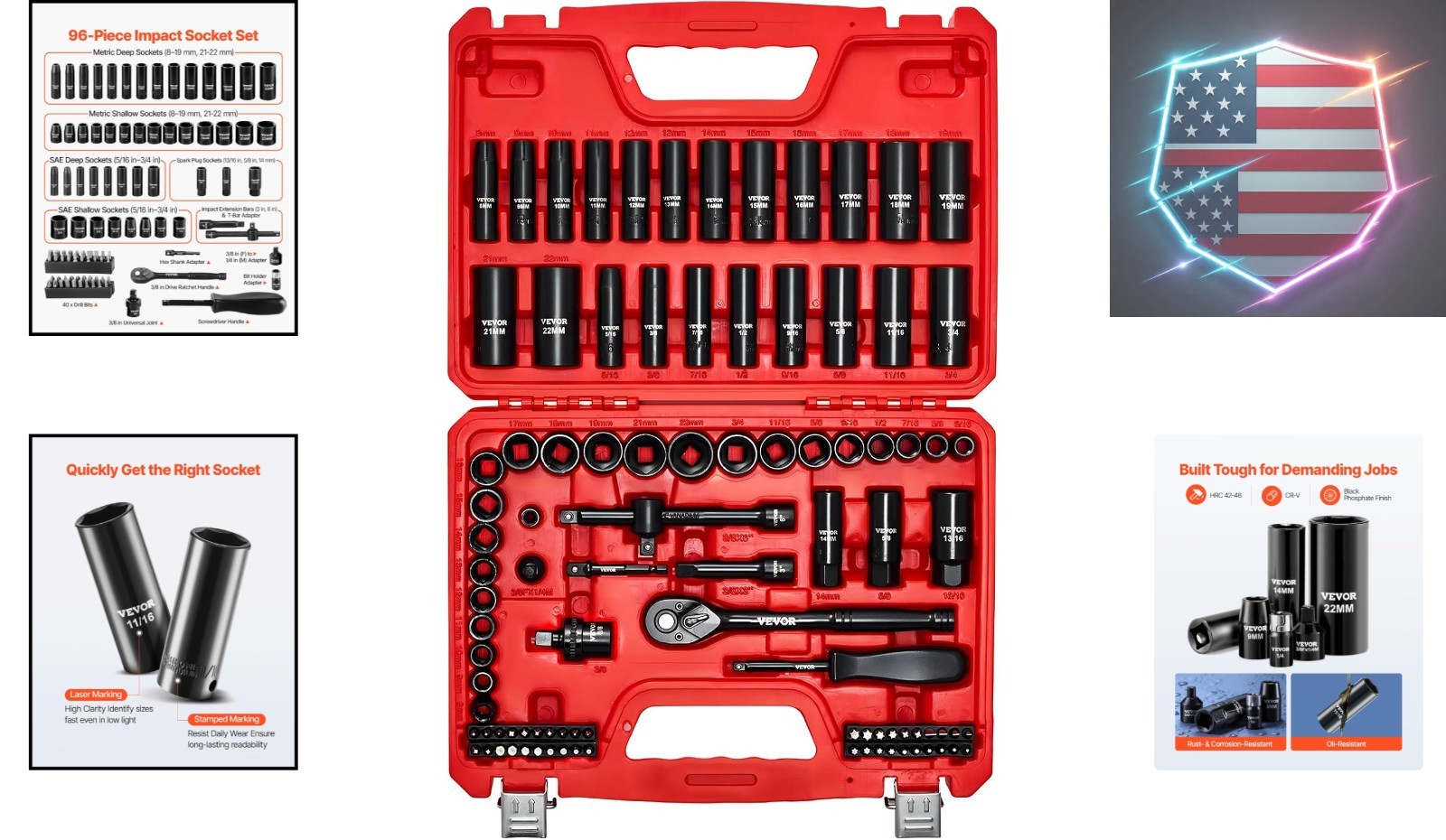 96 Piece 3/8″ Drive Impact Socket Wrench and Bit Set, SAE 5/16″ to 3/4″ & Met…
