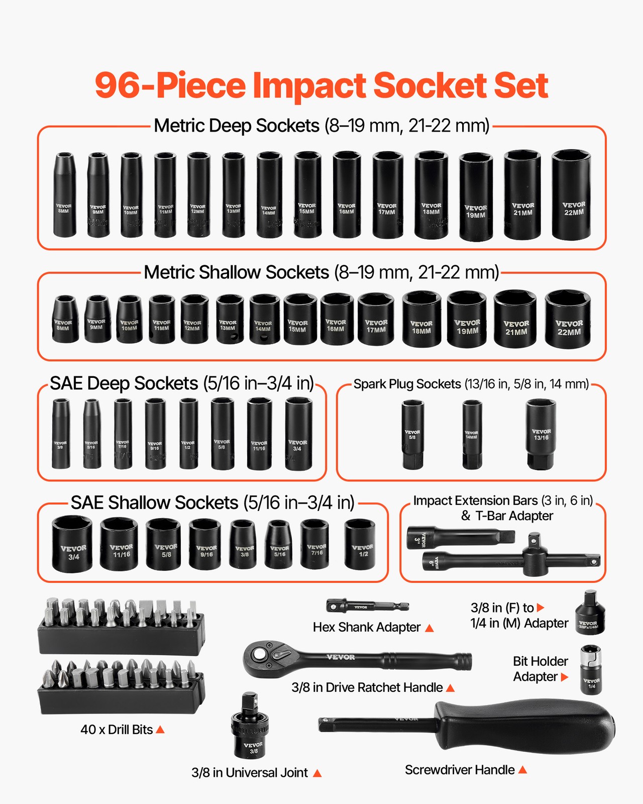 VEVOR 3/8 in Drive Impact Socket Set 96 Piece SAE 5/16 to 3/4 in Metric 8-22 mm