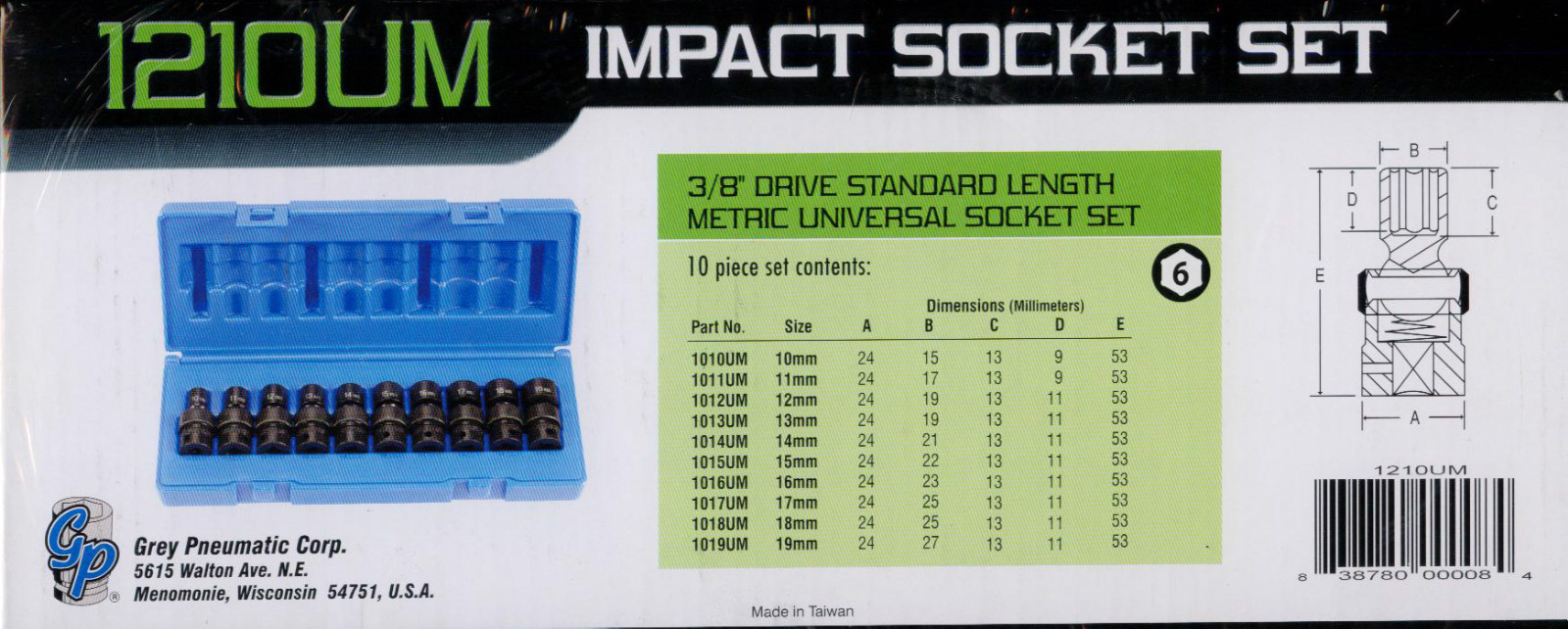 Grey Pneumatic (1210UM) 10Pc 3/8″ Dr Universal Swivel Metric Socket Set Lifetime