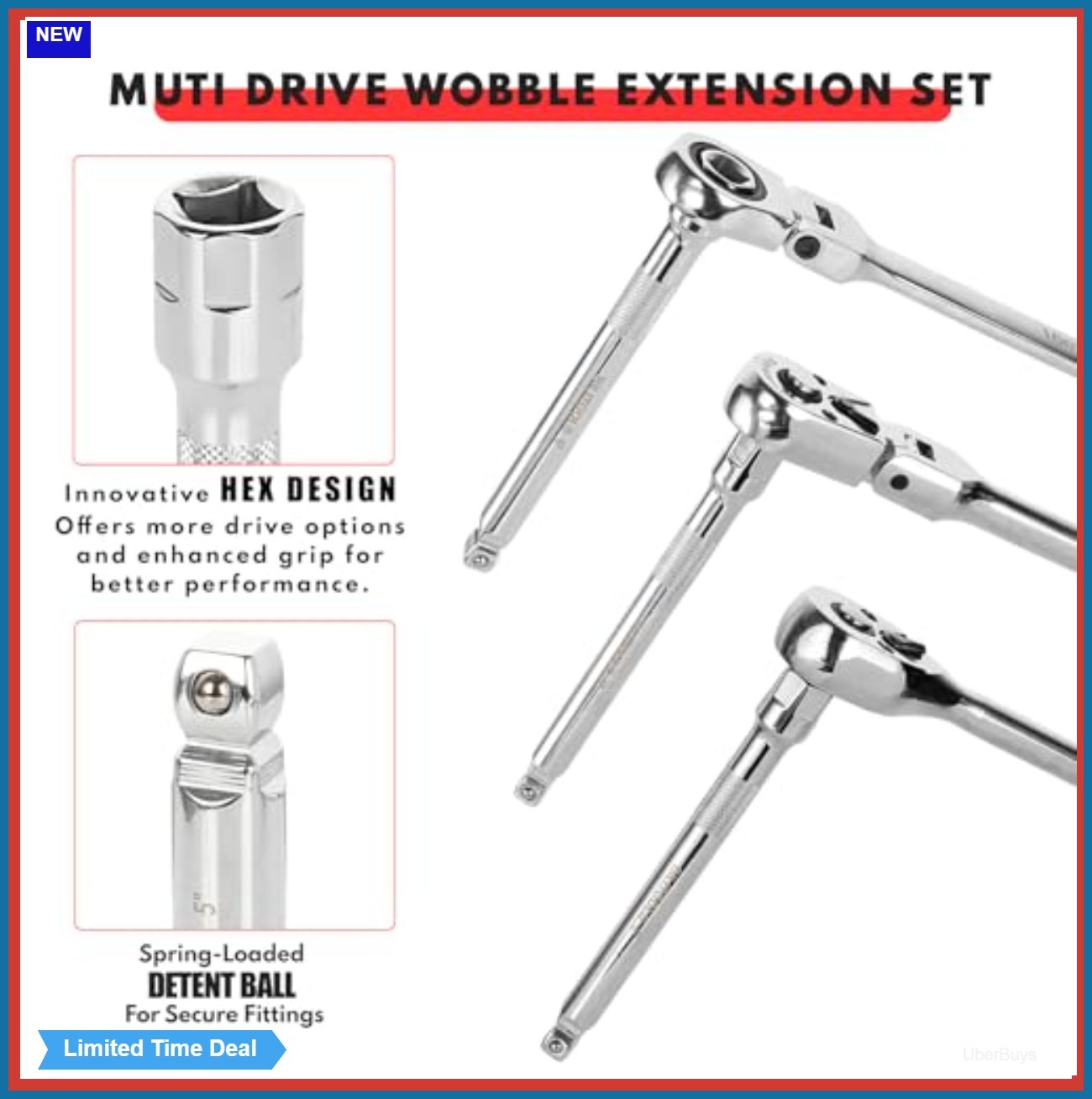 9 Piece Hex Wobble Extension Set 1/4 3/8 1/2 Inch Drive Chrome Vanadium Steel