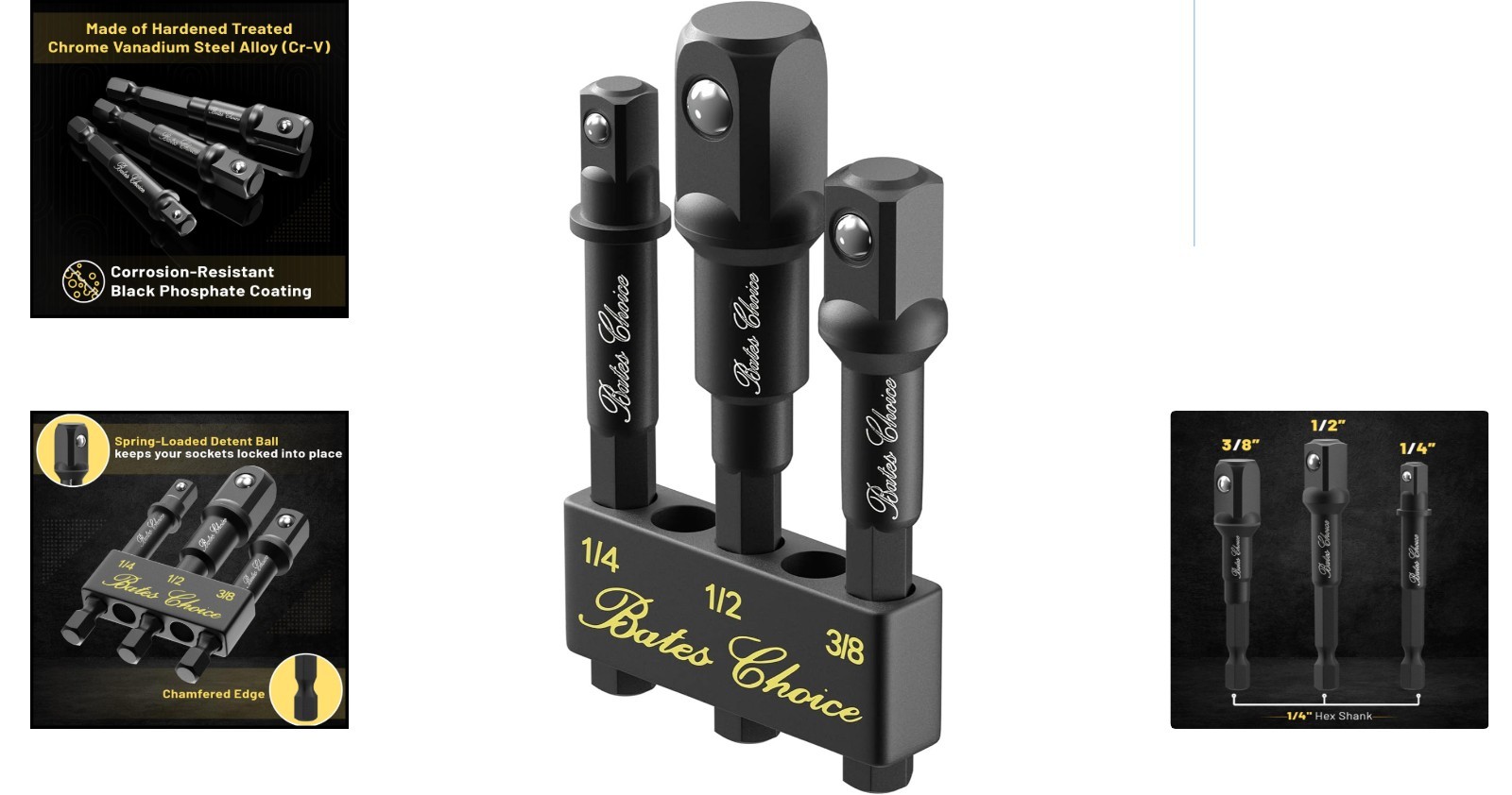 Bates 3-Piece Socket Adapter Set: Adapt Your Drill to 1/4″, 3/8″, & 1/2″ Sizes