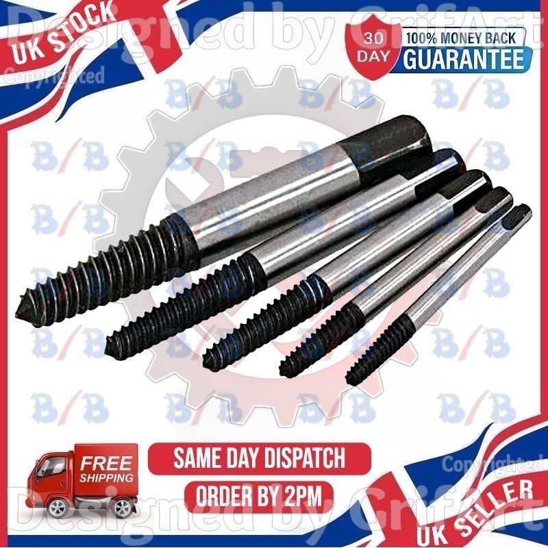 5PC SCREW EXTRACTOR SET FOR DAMAGED BROKEN BOLT STUD REMOVER TAPERED TOOL CASE