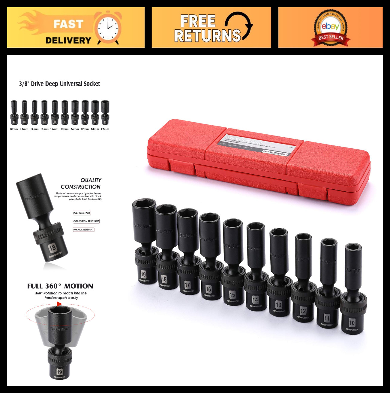 10-Piece 3/8″ Drive Deep Impact Socket Set, 6 Point Metric 10-19mm, Swivel Wobbl