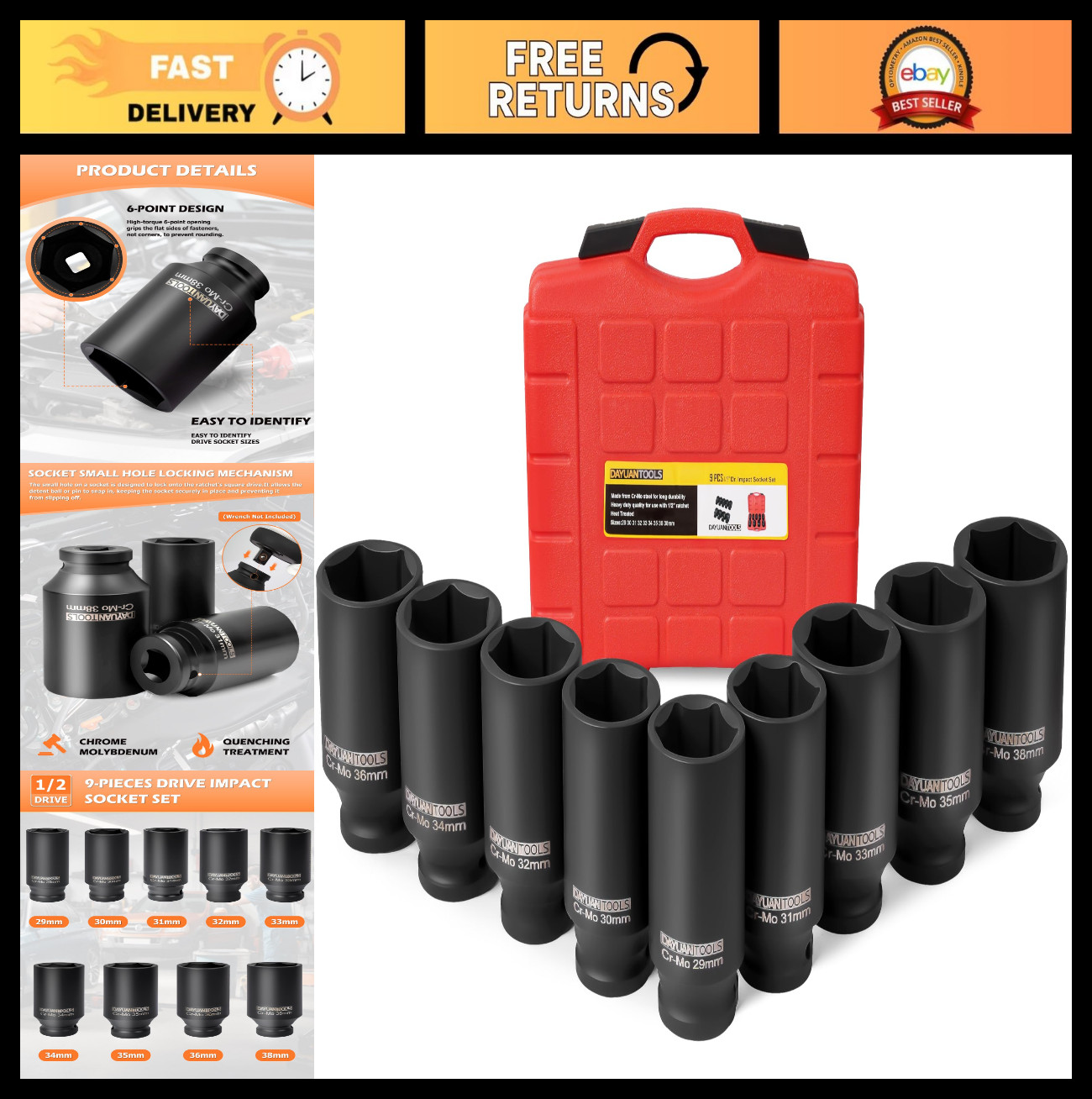 9 Pcs Axle Nut Impact Socket Set 1/2″ Drive 29-38mm Hub Tool Kit for Mechanics