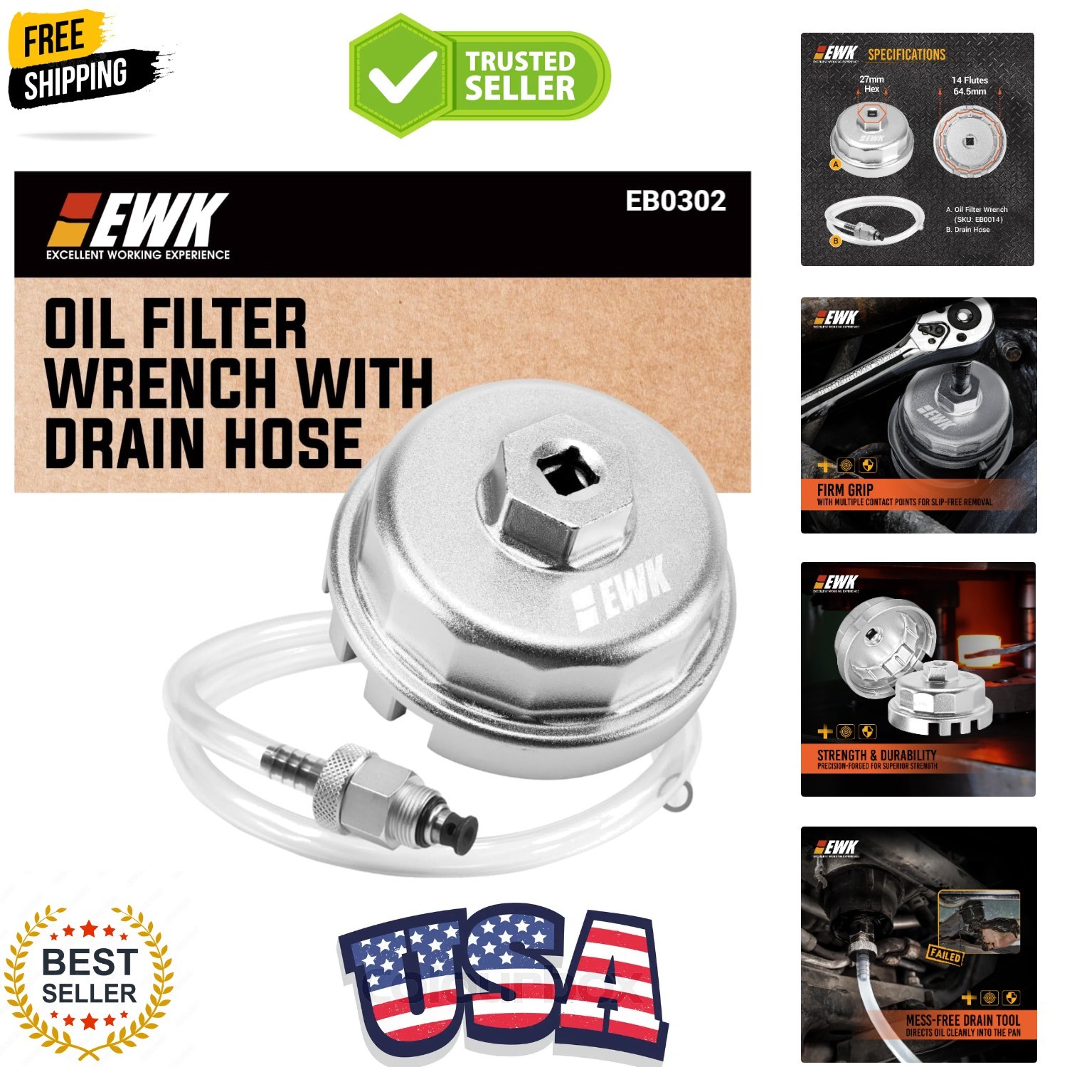 64mm Forged Aluminum Oil Filter Wrench with Drain Hose, Heavy-Duty Oil Change…