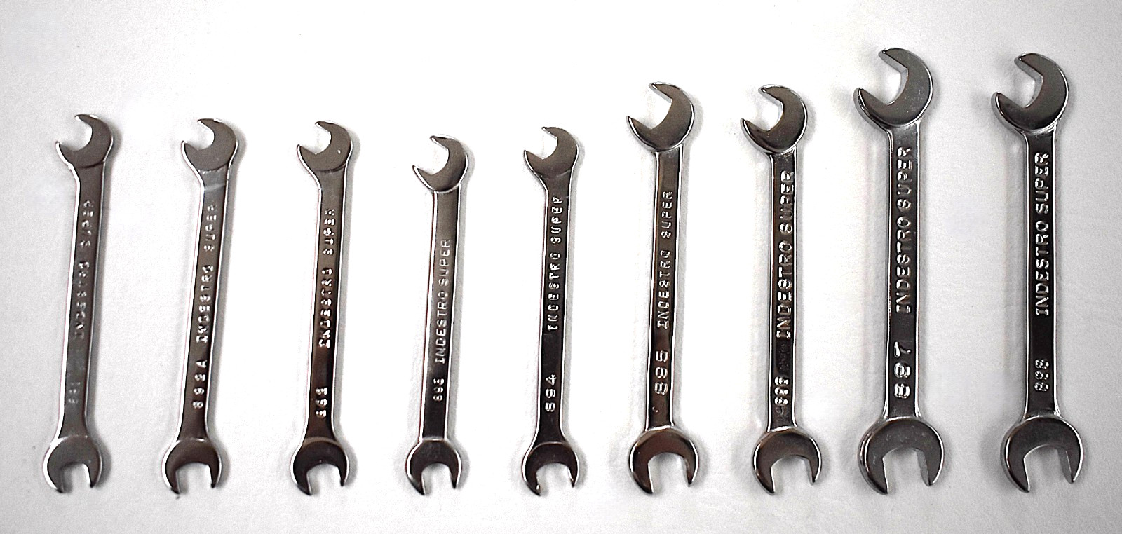 Vtg Indestro Super 9 pc Angled Ignition Wrench Set No. 888 Open End USA New