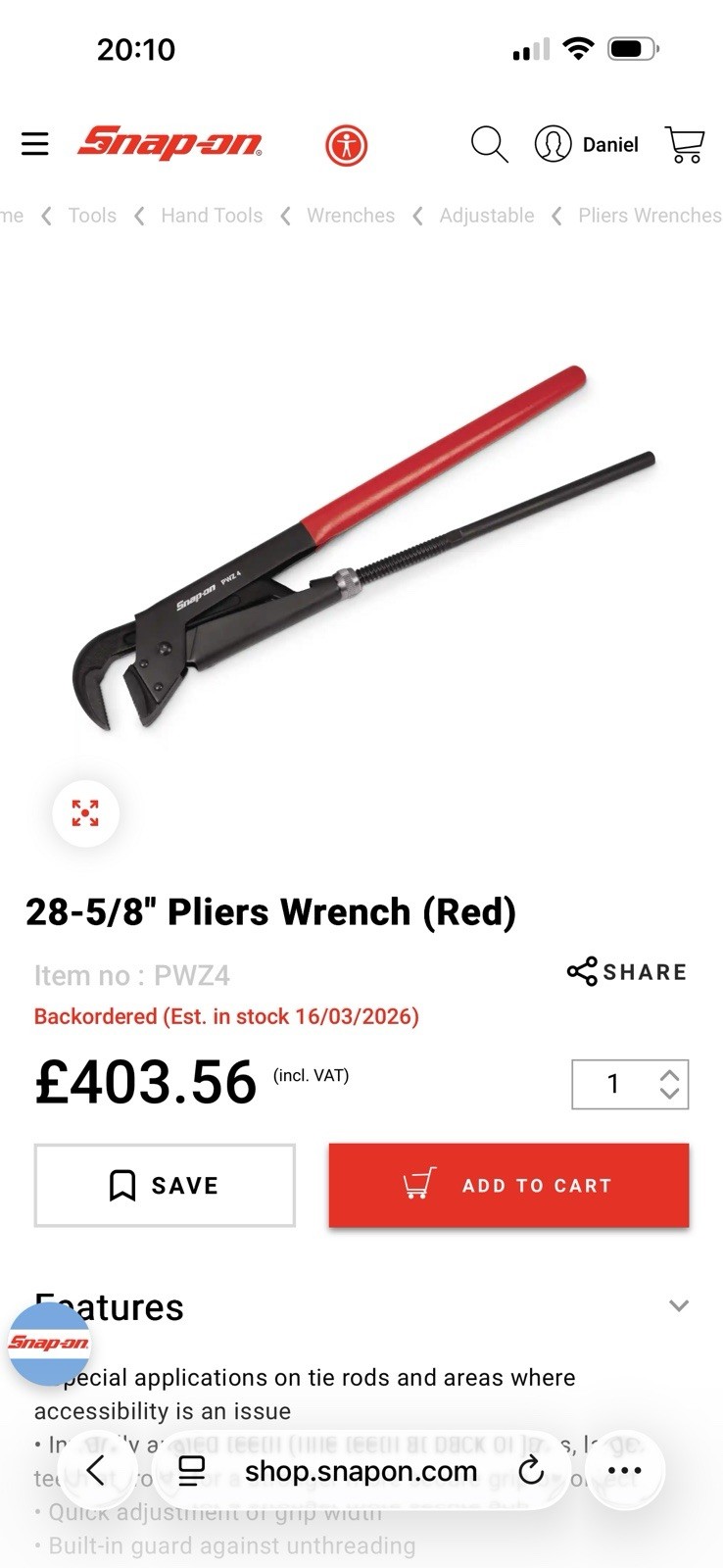 *New* Snap On 28-5/8″ Pliers Wrench (Red) – PWZ4.