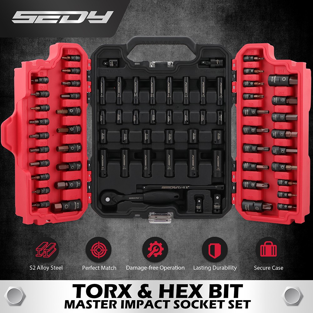 73PC Hex Torx Bit Impact Socket Set SAE Metric Deep Shallow Ratchet Adapters