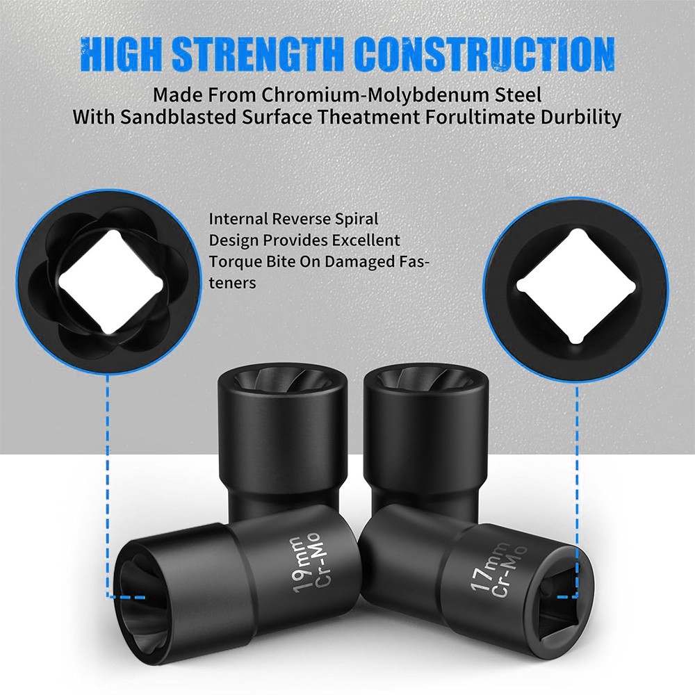 5Pcs/Set Twist Socket 1/2” Drive For Wheel Lug Nut Damaged Removal and Extractor