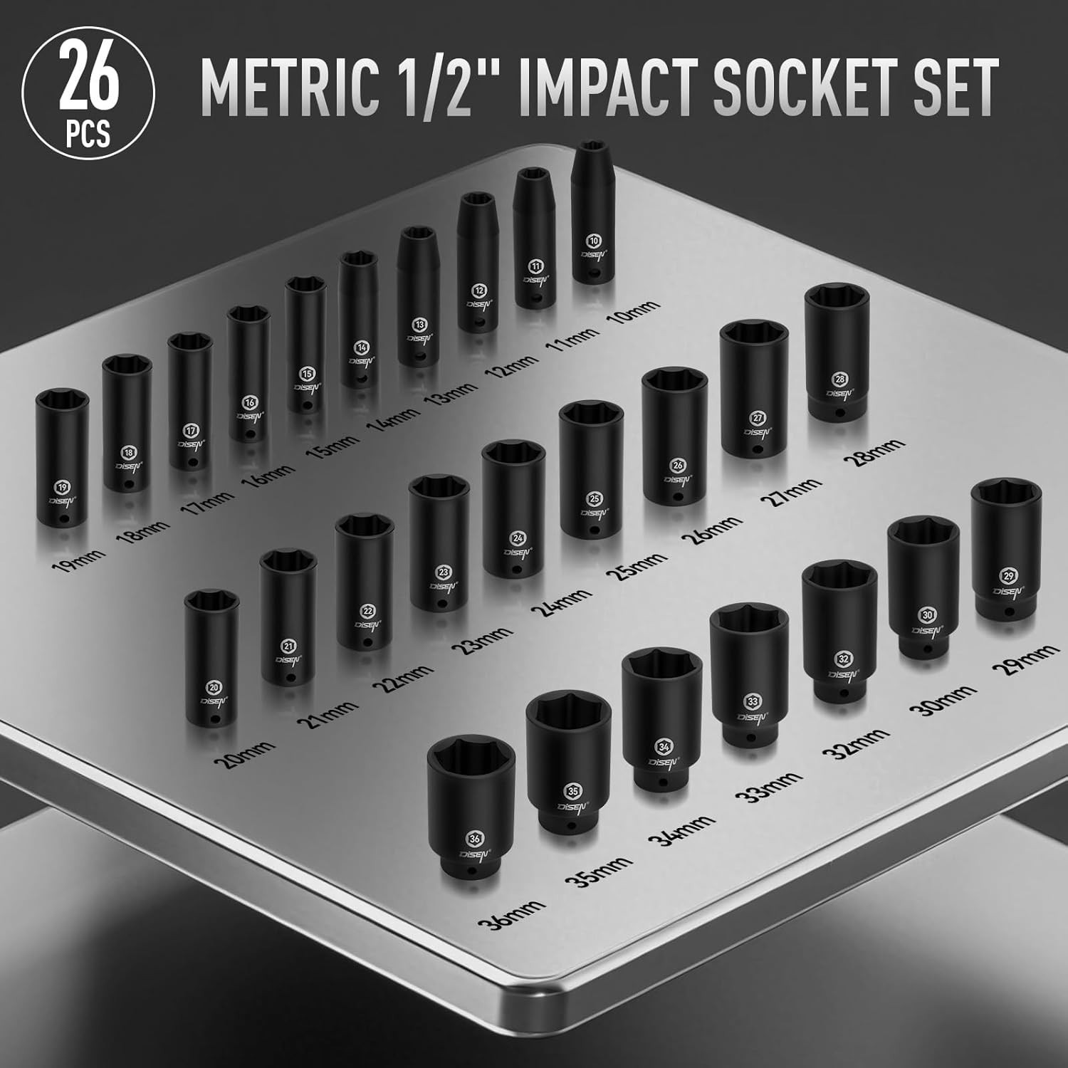 26 Pcs Metric 1/2″ Impact Socket Set, Deep Sockets Set Impact, 6-Point,Cr-V,R…