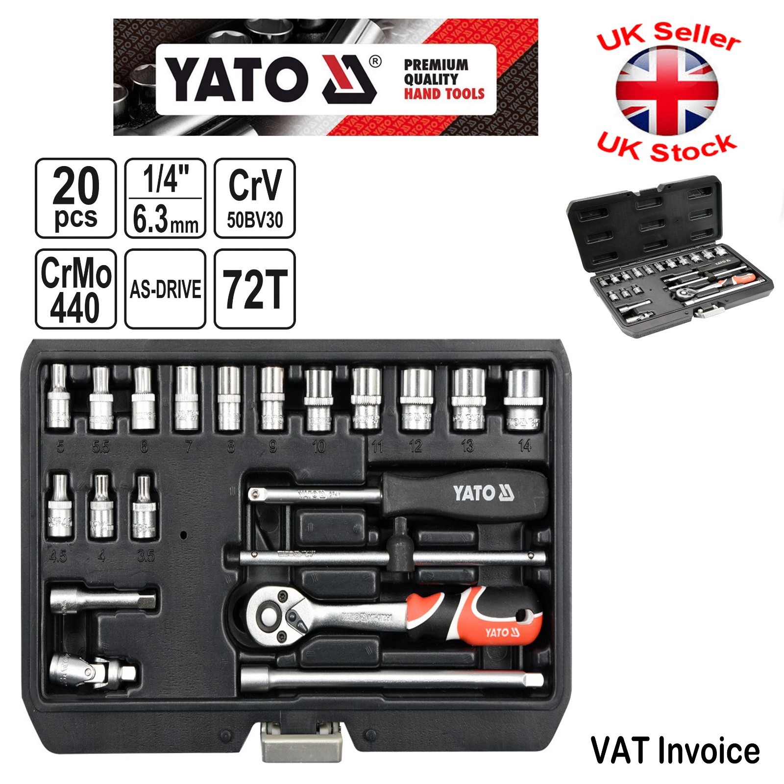 Yato Professional 20 pcs Ratchet Socket Set 1/4″ Tools Toolbox YT-14491