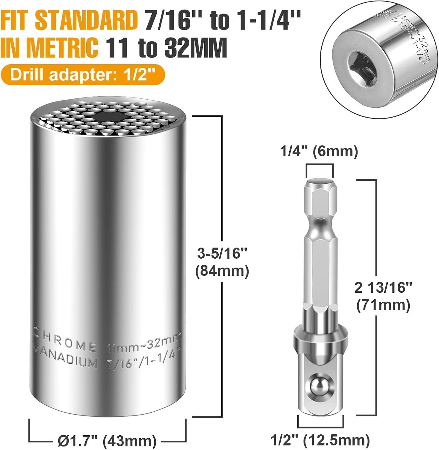 Universal Socket Set, 11-32mm, 7-19mm, 3/8″ 1/2″ Adapters, Polished