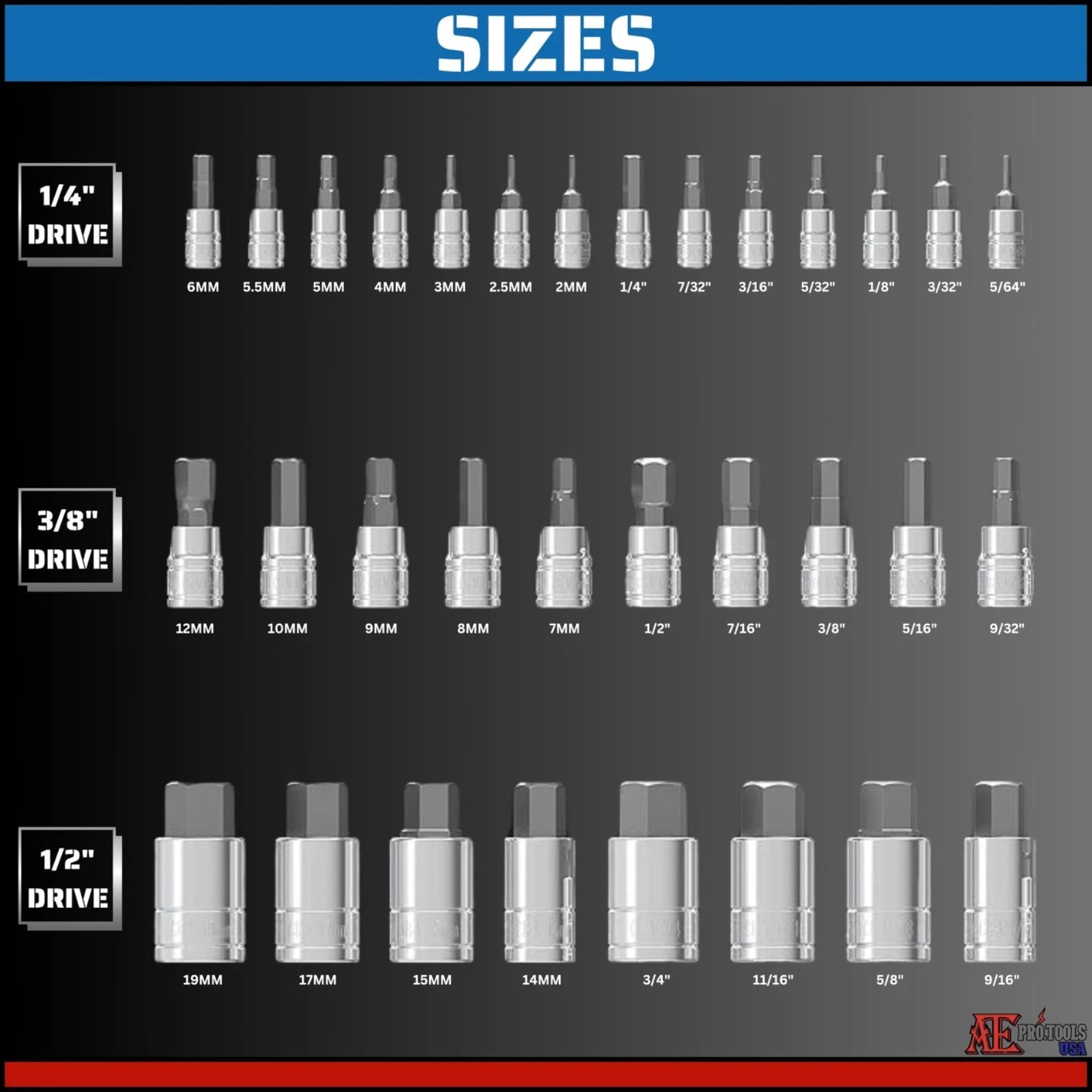 32pc MASTER HEX BIT SET (SAE & METRIC) SOCKET SET STANDARD ALLEN 1/4″ 3/8″ 1/2″