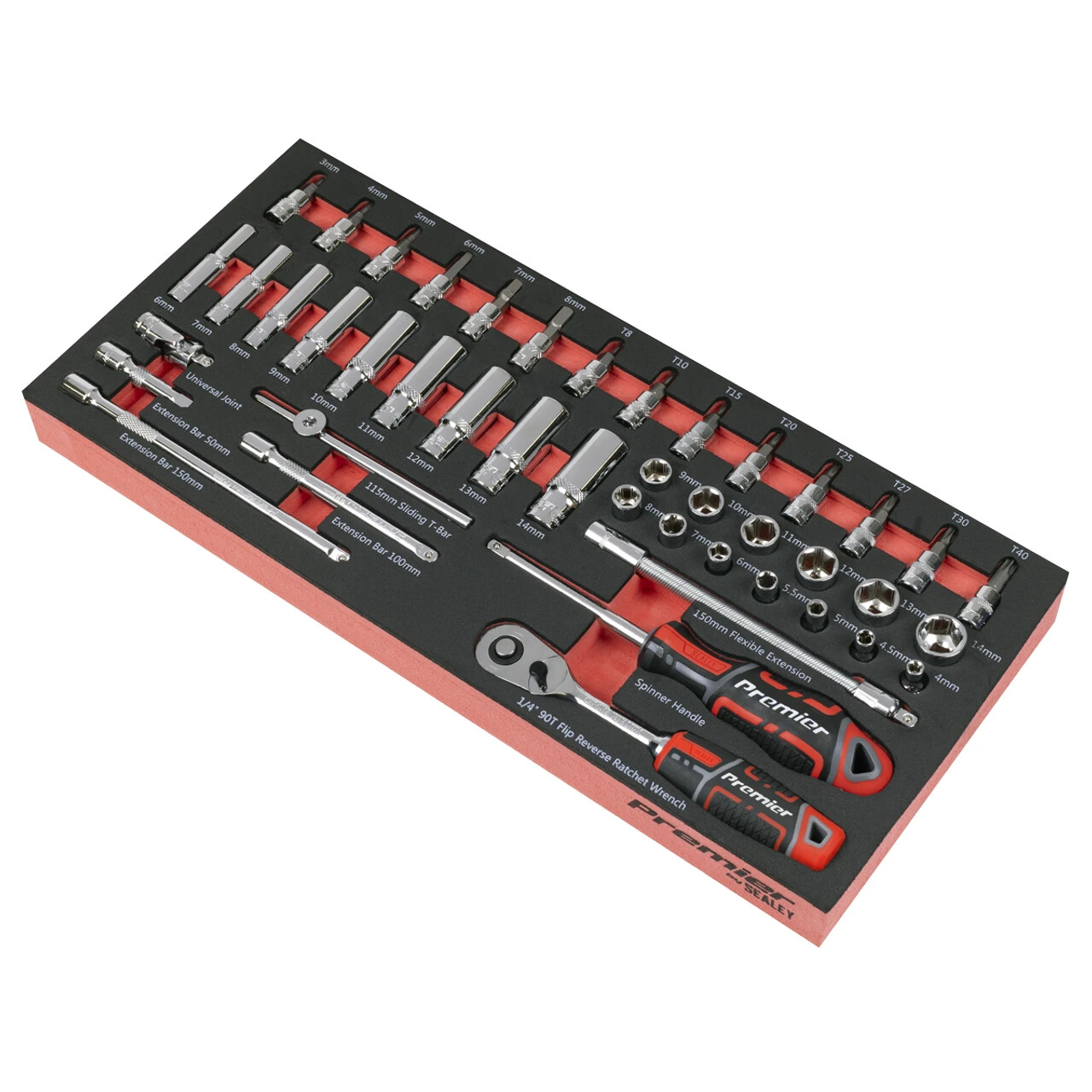 Sealey Tools TBT40 Socket Bit Ext Bar & Ratchet 1/4 D Set In EVA Foam Tray TBTCH