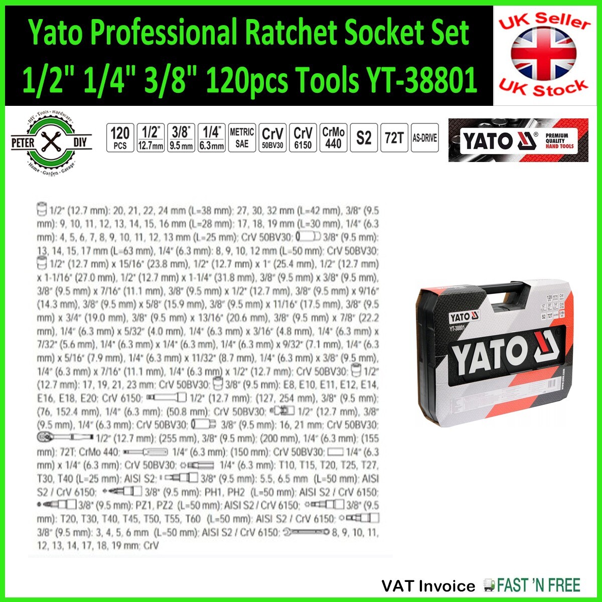 SOCKET SET RATCHET Yato Professional Tools 1/2″ 1/4″ 3/8″ 120pcs Tools YT-38801