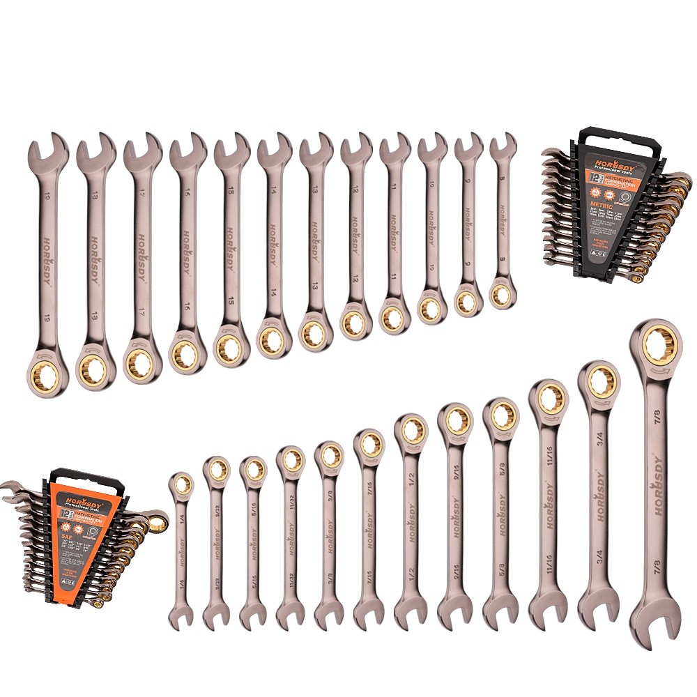 24-PCS Ratcheting Wrench Set with Organizer 8-19 mm & 1/4″ to 7/8″ 72-Teeth CR-V