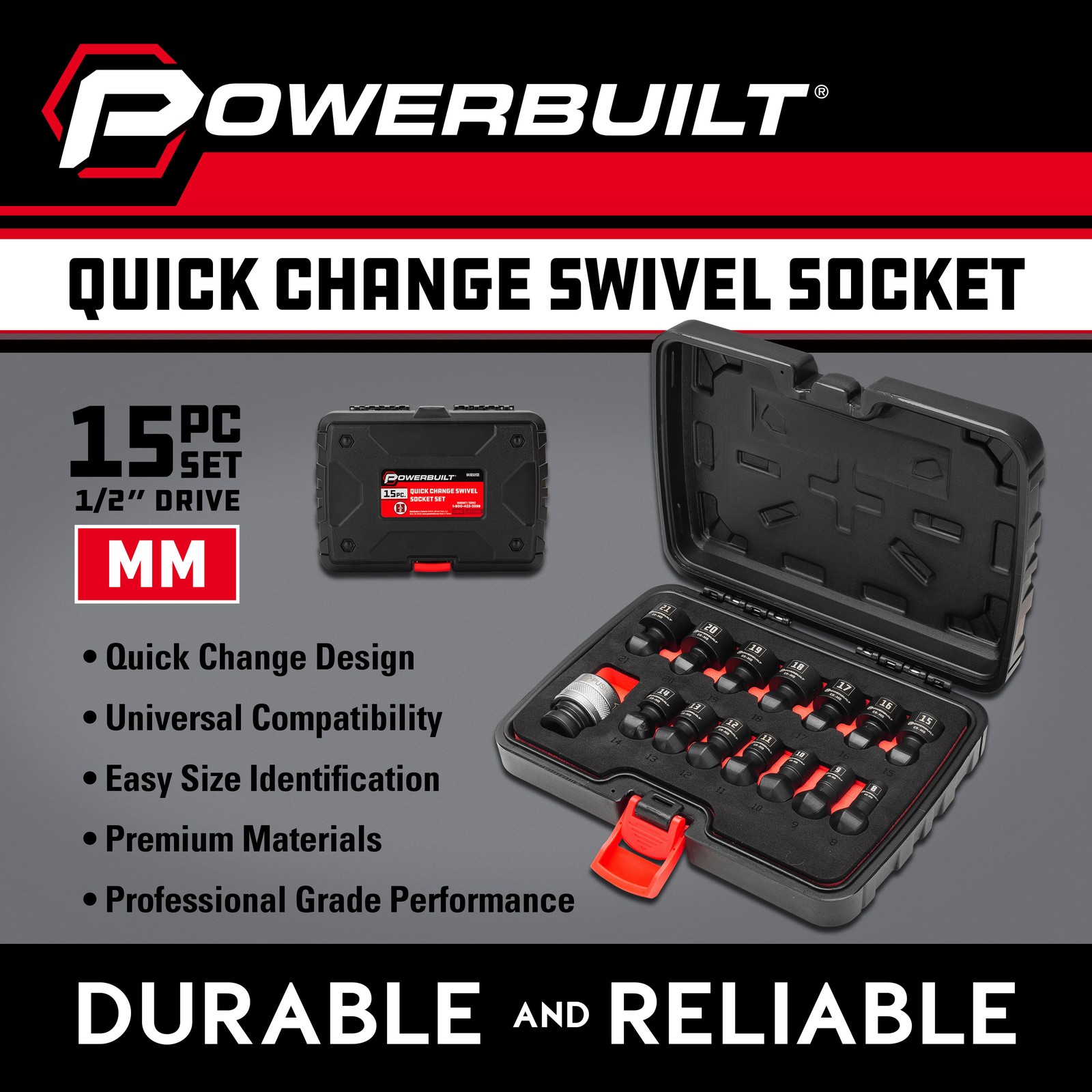 Powerbuilt 15 Piece 1/2″ Dr. Metric Quick-Change Swivel Socket Set With Adapter