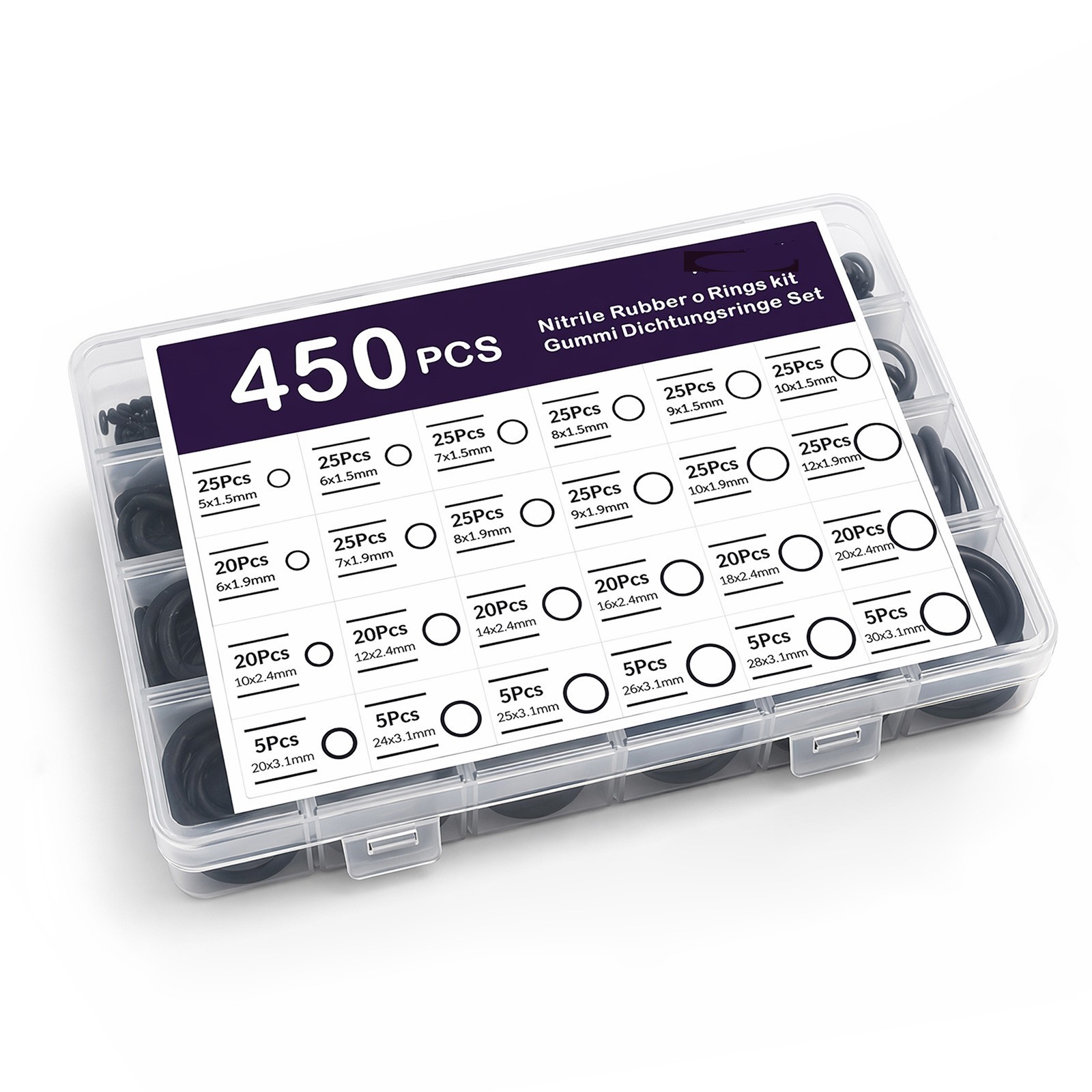 O Ring Kit 450 Pcs Nitrile Rubber 24 Sizes 40C to 120C Temperature Range