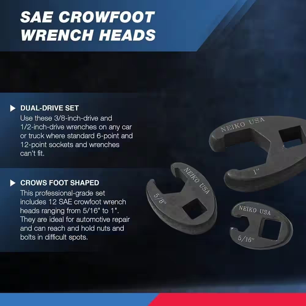 NEIKO 1/2 in. and 3/8 in. Drive Crowfoot Wrench Set, 12 Piece, SAE 5/16 in. to 1